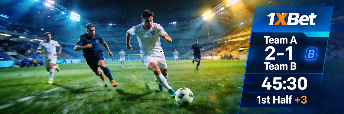 1xBet 體育賽事直播畫面展示，包含足球比賽即時畫面與比分板